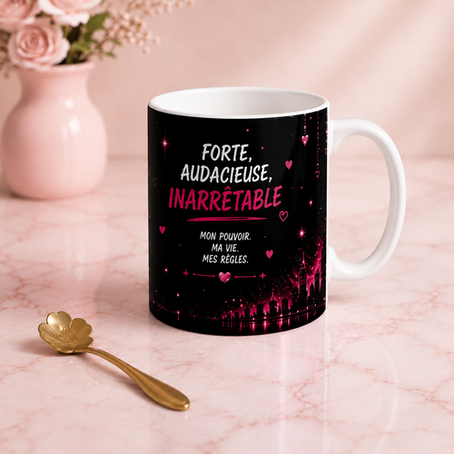 Mug noir Baddies Era Studio avec citation "Forte, Audacieuse, Inarrêtable" sur fond marbre rose.